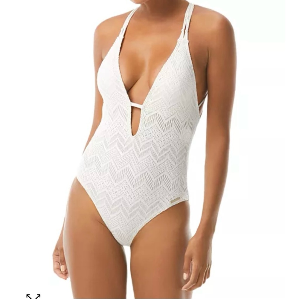 Vince Camuto Swimwear Women’s 4 Crochet Plunge V-Neck One Piece Cream White